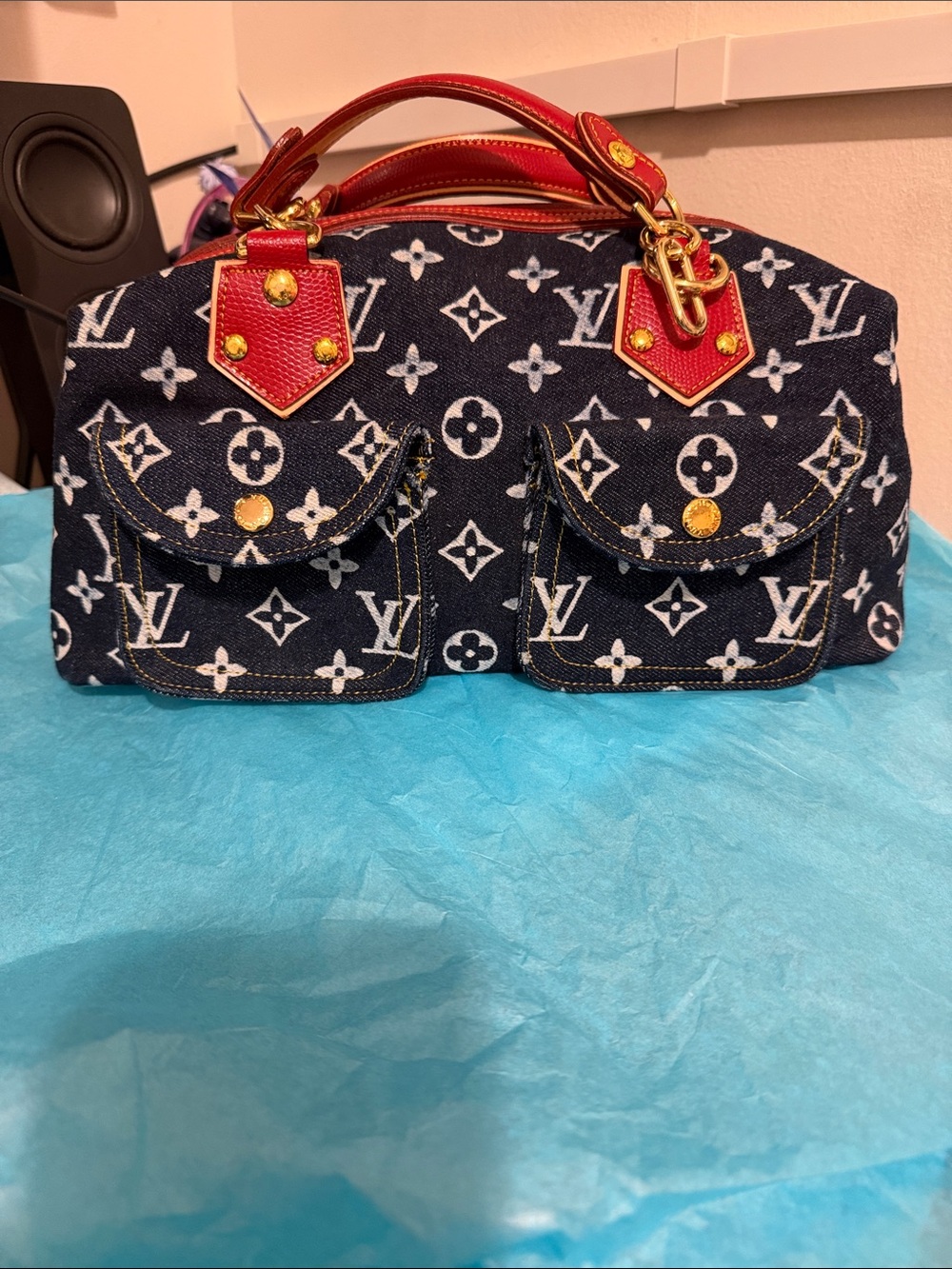 Vintage Louis Vuitton Blue Denim Monogram Satchel with Red Leather Trim